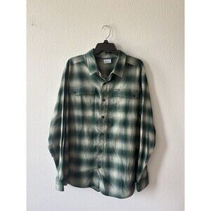 Columbia Men's Flannel Long Sleeve Button-Down Shirt Size L, Green And Tan Plaid